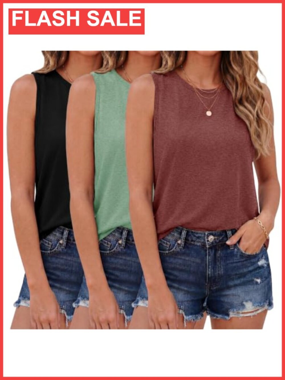 3 Pack Womens Tank Tops Summer Crew Neck Sleeveless Loose Fit Tops